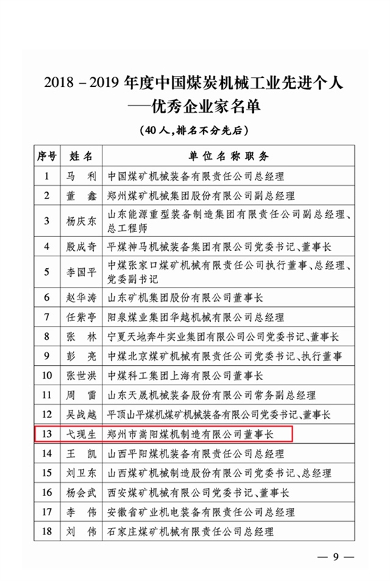中國煤炭機械工業(yè)優(yōu)質服務企業(yè)