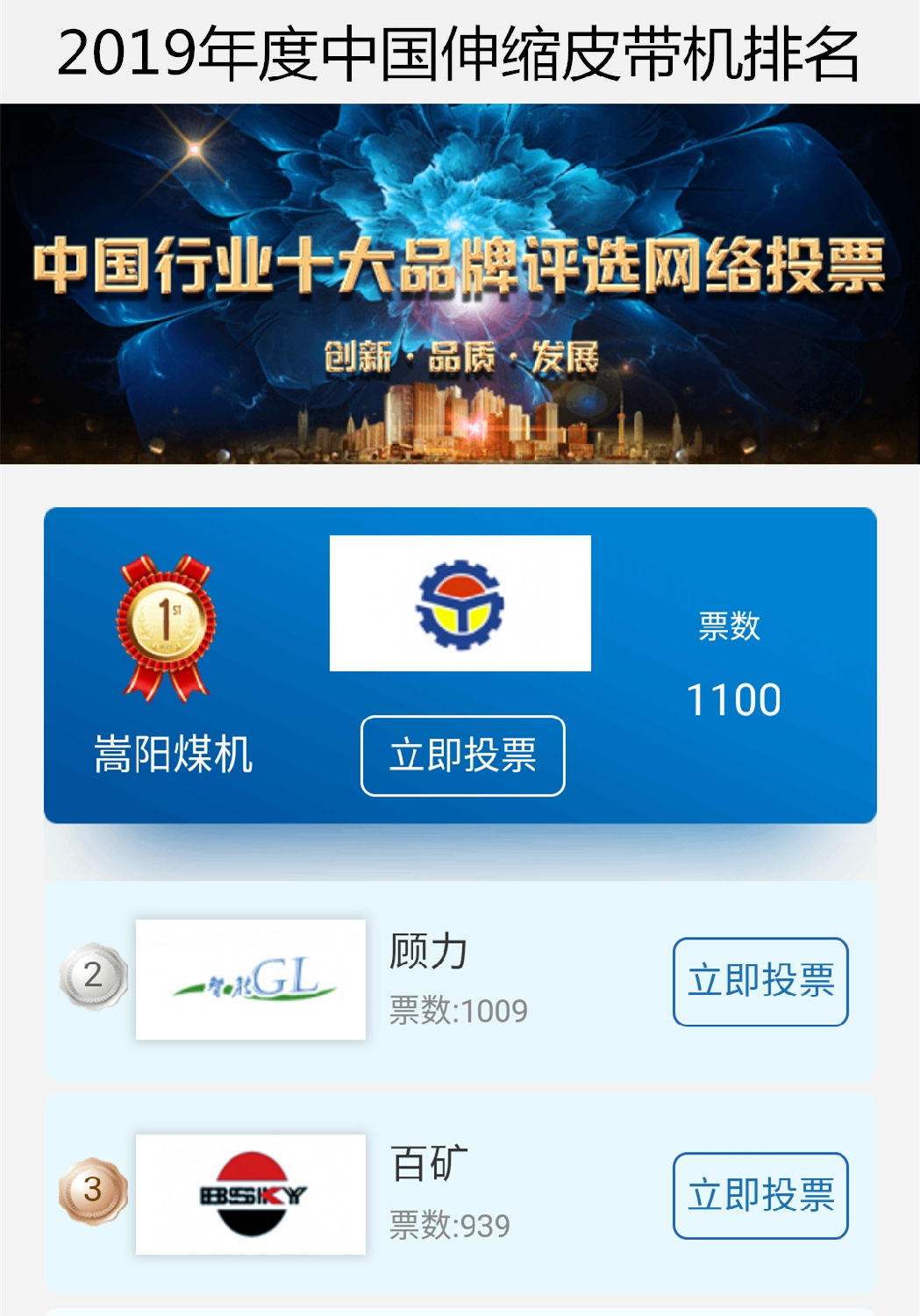 伸縮皮帶輸送機(jī)2019年度排名活動(dòng)嵩陽(yáng)煤機(jī)暫列第一